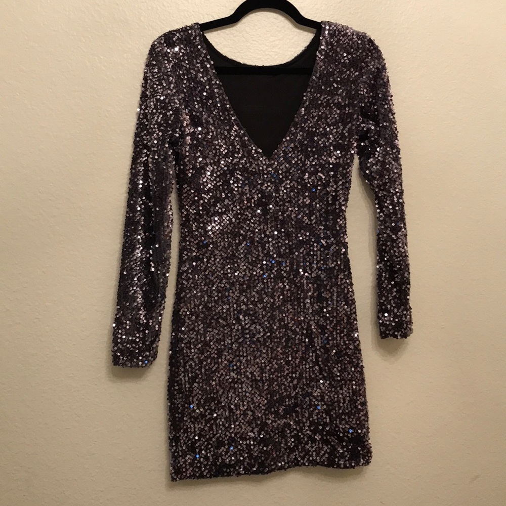 Grey silver sequined long sleeve v back dress
